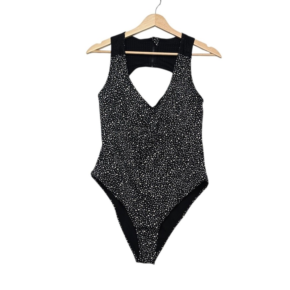 Nike Womens Black White Speckled V-Neck Mesh Back One Piece Swimsuit Size Large